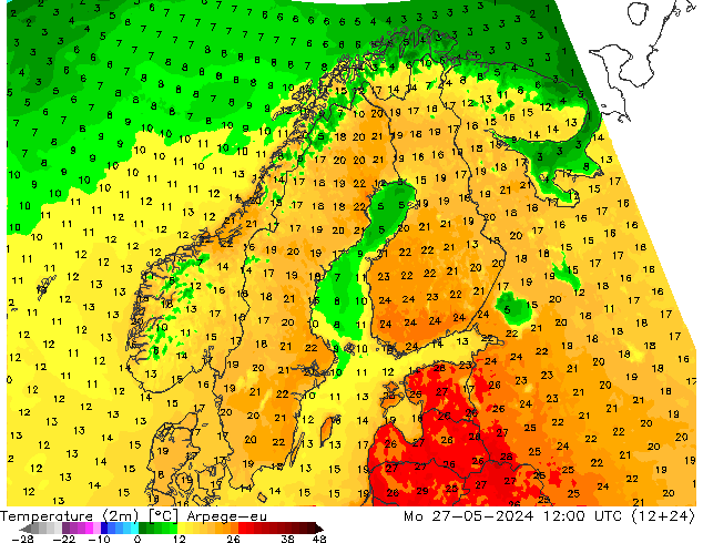 Temperature (2m) Arpege-eu Mo 27.05.2024 12 UTC