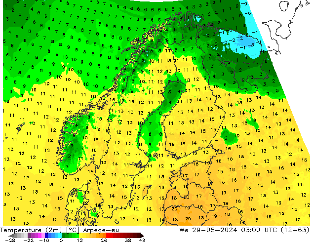 Temperatuurkaart (2m) Arpege-eu wo 29.05.2024 03 UTC