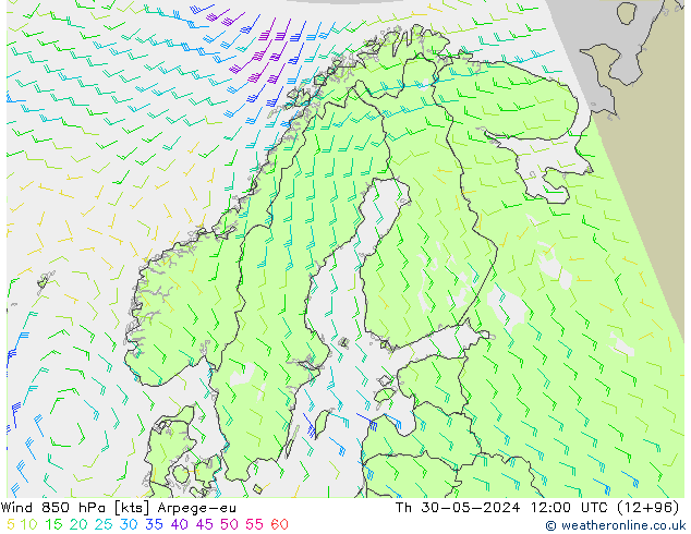 Viento 850 hPa Arpege-eu jue 30.05.2024 12 UTC