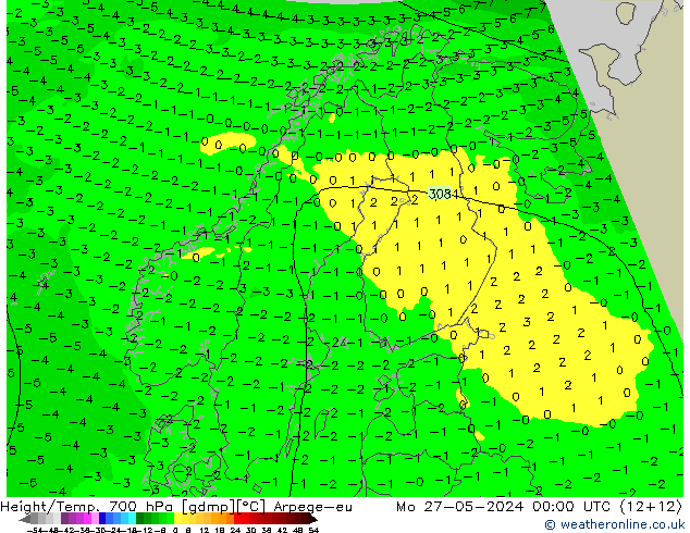 Géop./Temp. 700 hPa Arpege-eu lun 27.05.2024 00 UTC