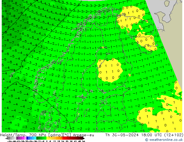 Height/Temp. 700 hPa Arpege-eu  30.05.2024 18 UTC