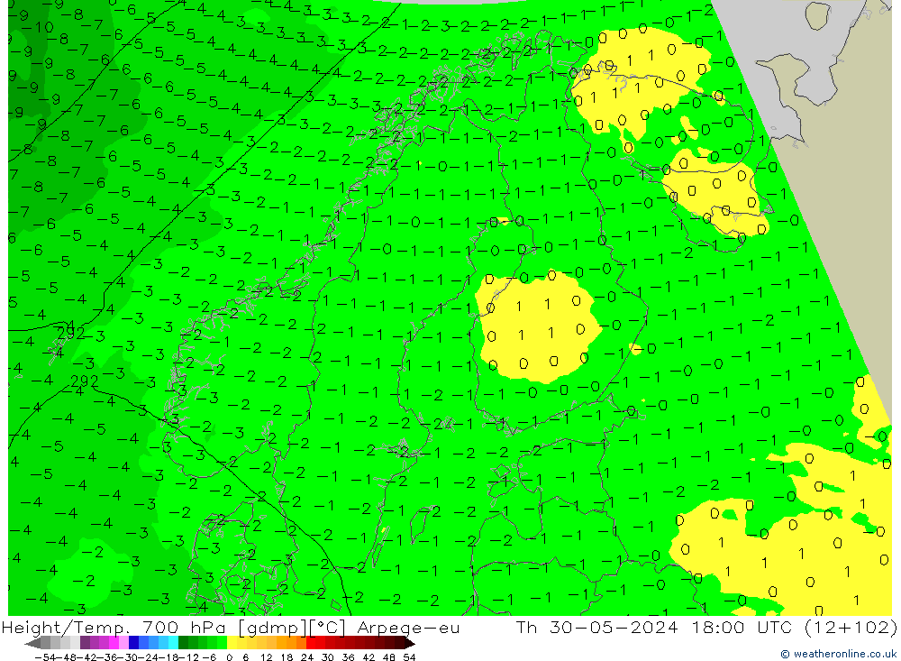 Height/Temp. 700 hPa Arpege-eu gio 30.05.2024 18 UTC