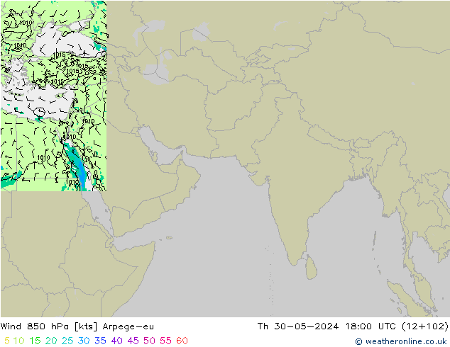 wiatr 850 hPa Arpege-eu czw. 30.05.2024 18 UTC