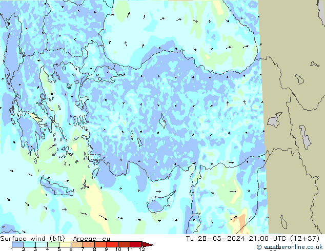 Viento 10 m (bft) Arpege-eu mar 28.05.2024 21 UTC