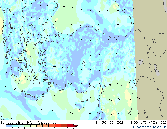 Surface wind (bft) Arpege-eu Čt 30.05.2024 18 UTC