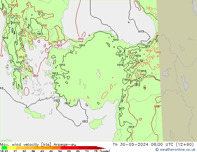 Max. wind velocity Arpege-eu Th 30.05.2024 06 UTC