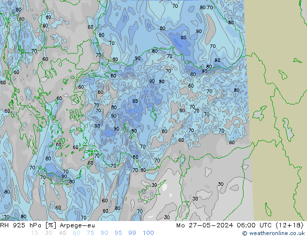 RH 925 hPa Arpege-eu lun 27.05.2024 06 UTC