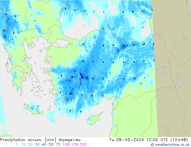 Precipitation accum. Arpege-eu Tu 28.05.2024 12 UTC