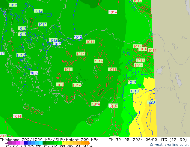 Thck 700-1000 гПа Arpege-eu чт 30.05.2024 06 UTC