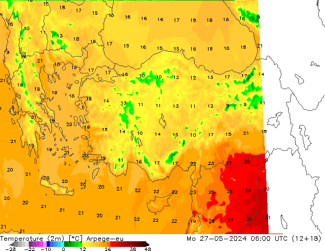 Temperature (2m) Arpege-eu Mo 27.05.2024 06 UTC