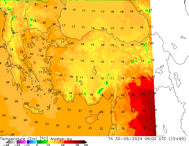 Temperatuurkaart (2m) Arpege-eu do 30.05.2024 06 UTC