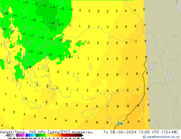 Height/Temp. 700 hPa Arpege-eu Út 28.05.2024 12 UTC