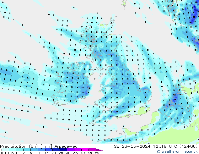 Precipitación (6h) Arpege-eu dom 26.05.2024 18 UTC