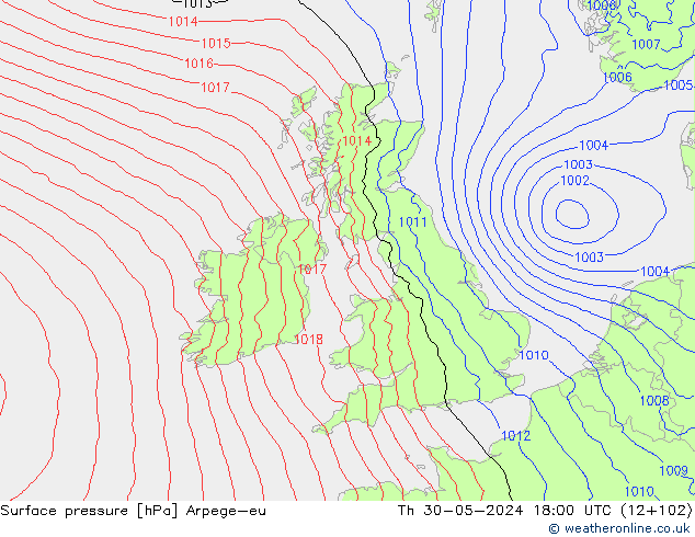 Atmosférický tlak Arpege-eu Čt 30.05.2024 18 UTC