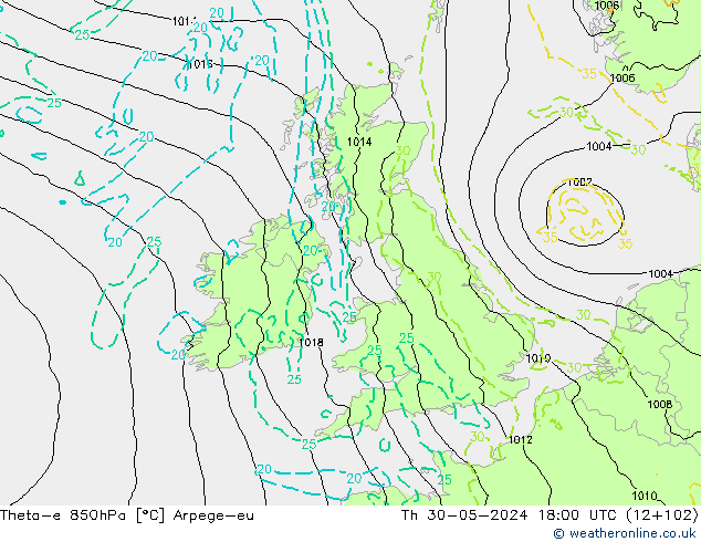 Theta-e 850hPa Arpege-eu jue 30.05.2024 18 UTC