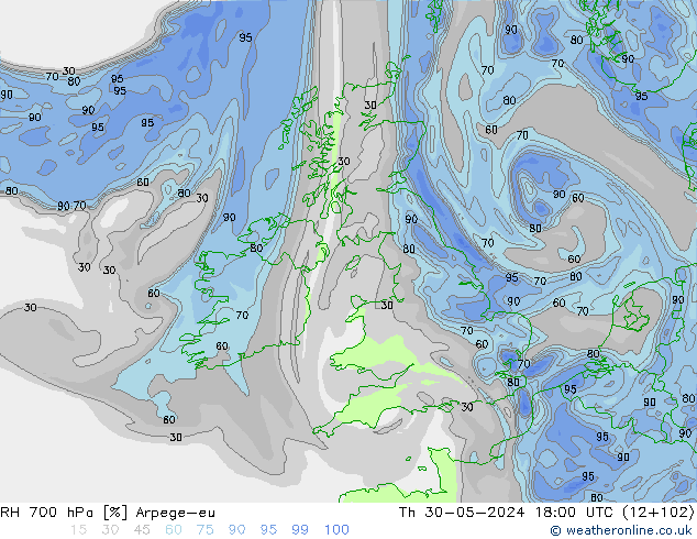 RH 700 hPa Arpege-eu Th 30.05.2024 18 UTC