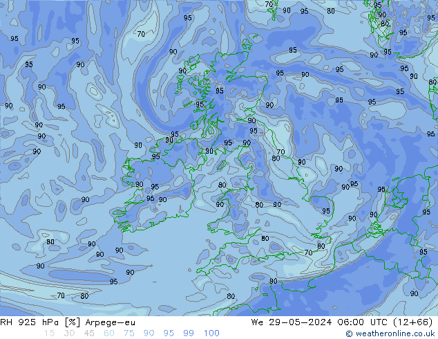 Humedad rel. 925hPa Arpege-eu mié 29.05.2024 06 UTC