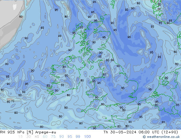 RH 925 hPa Arpege-eu Th 30.05.2024 06 UTC