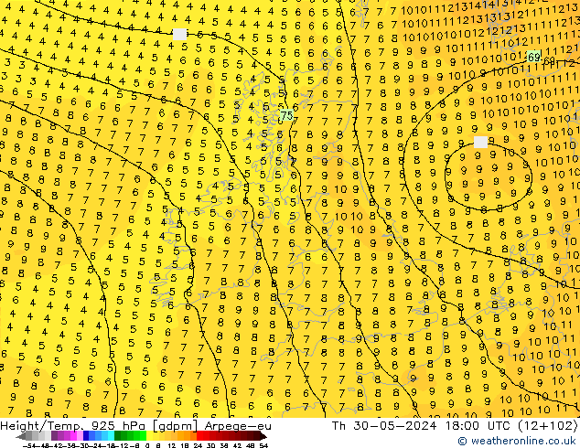 Hoogte/Temp. 925 hPa Arpege-eu do 30.05.2024 18 UTC