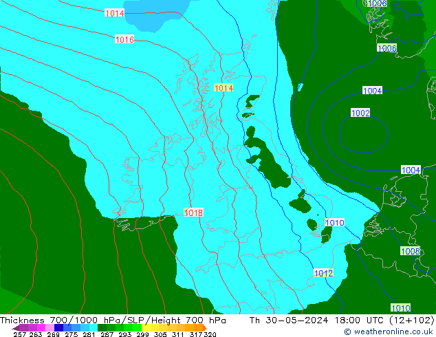 Espesor 700-1000 hPa Arpege-eu jue 30.05.2024 18 UTC