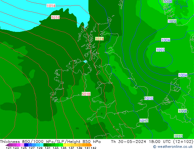 Thck 850-1000 hPa Arpege-eu jeu 30.05.2024 18 UTC