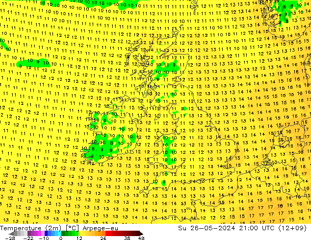 température (2m) Arpege-eu dim 26.05.2024 21 UTC