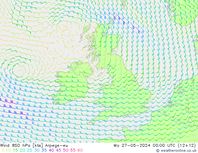 Wind 850 hPa Arpege-eu Mo 27.05.2024 00 UTC