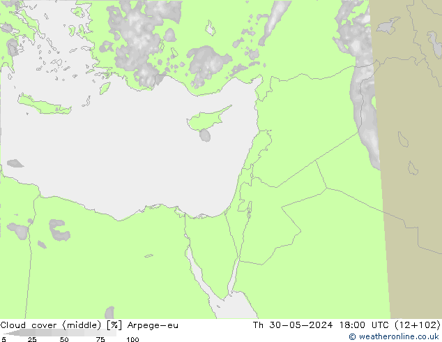 Cloud cover (middle) Arpege-eu Th 30.05.2024 18 UTC