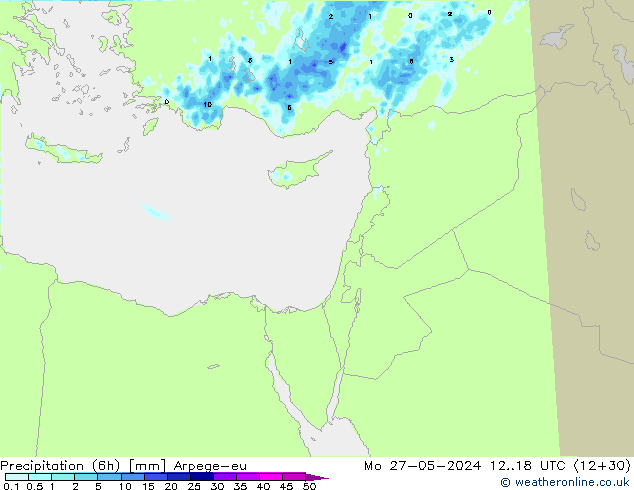 Precipitation (6h) Arpege-eu Mo 27.05.2024 18 UTC