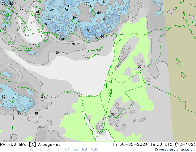 Humedad rel. 700hPa Arpege-eu jue 30.05.2024 18 UTC