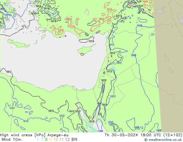 High wind areas Arpege-eu Čt 30.05.2024 18 UTC
