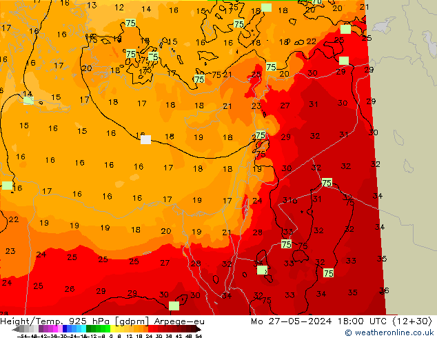 Height/Temp. 925 hPa Arpege-eu Mo 27.05.2024 18 UTC