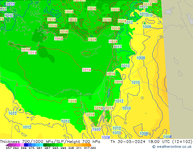 Thck 700-1000 hPa Arpege-eu  30.05.2024 18 UTC