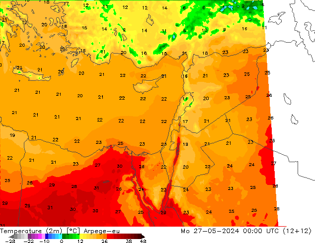 température (2m) Arpege-eu lun 27.05.2024 00 UTC