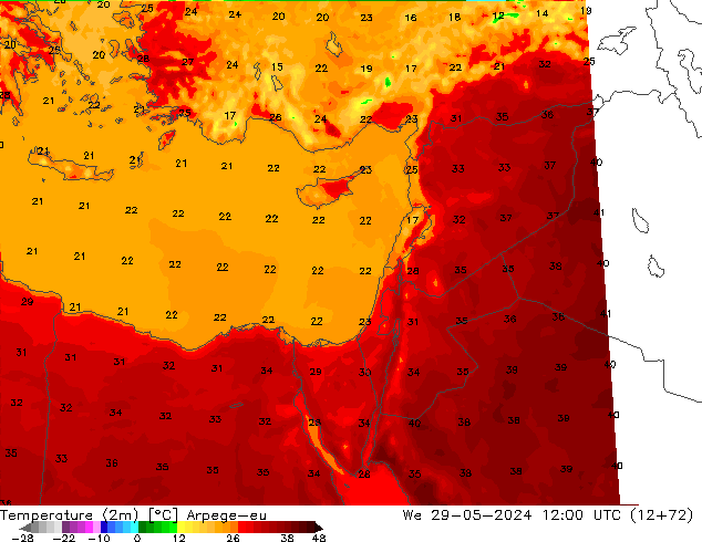 température (2m) Arpege-eu mer 29.05.2024 12 UTC