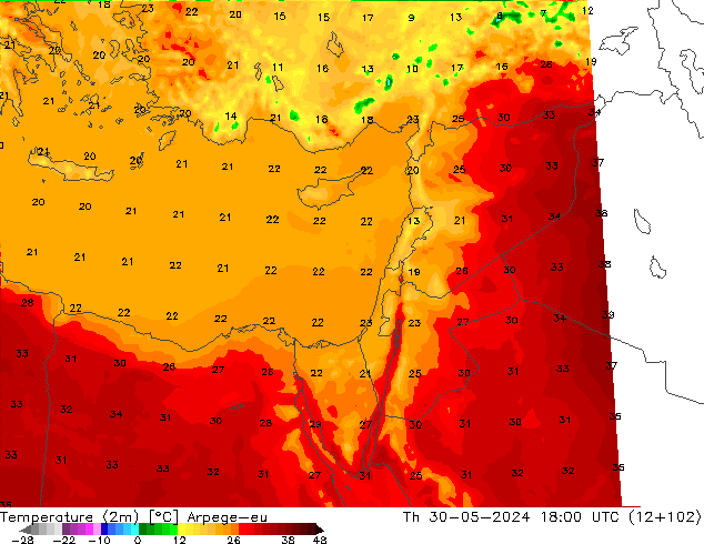 mapa temperatury (2m) Arpege-eu czw. 30.05.2024 18 UTC