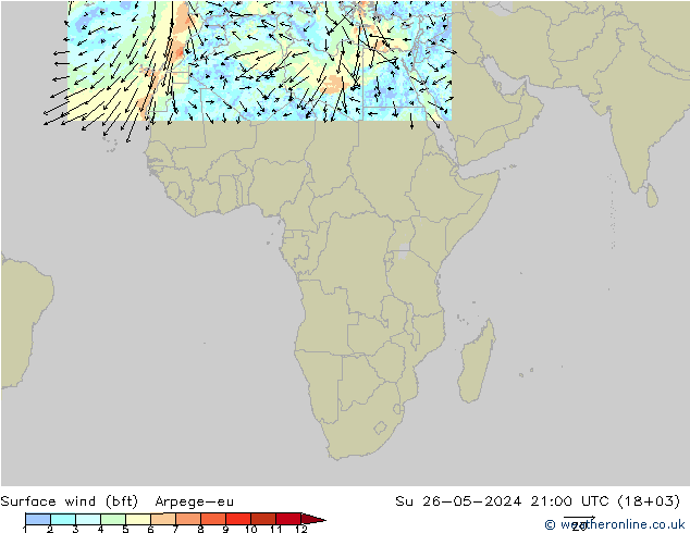 Surface wind (bft) Arpege-eu Ne 26.05.2024 21 UTC