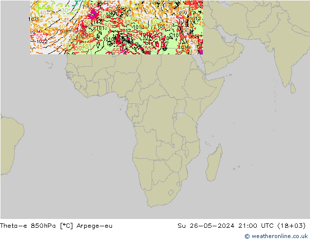 Theta-e 850hPa Arpege-eu Su 26.05.2024 21 UTC