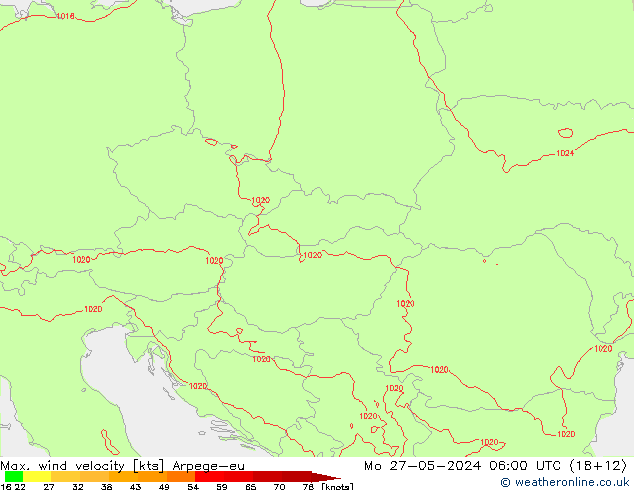 Max. wind velocity Arpege-eu  27.05.2024 06 UTC