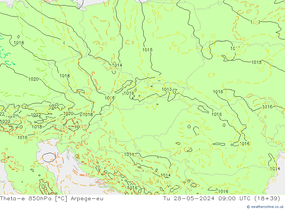 Theta-e 850гПа Arpege-eu вт 28.05.2024 09 UTC