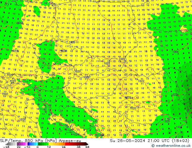 SLP/Temp. 850 hPa Arpege-eu Su 26.05.2024 21 UTC