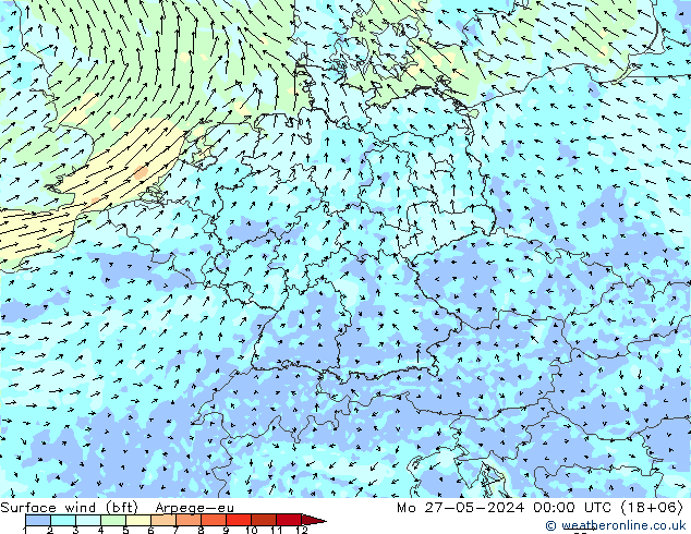 Vent 10 m (bft) Arpege-eu lun 27.05.2024 00 UTC