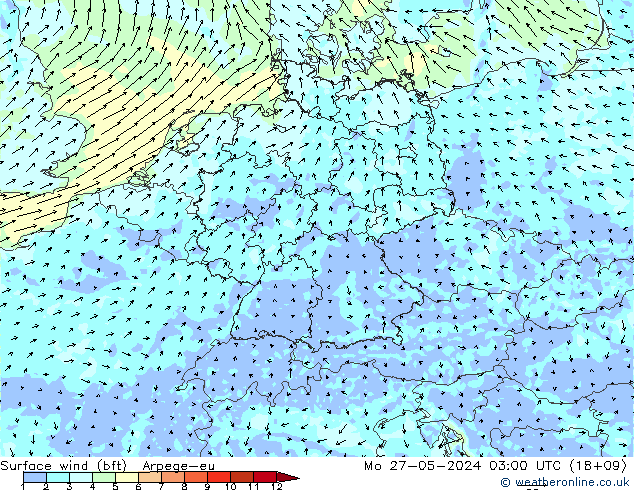 Wind 10 m (bft) Arpege-eu ma 27.05.2024 03 UTC