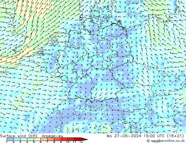 Surface wind (bft) Arpege-eu Po 27.05.2024 15 UTC