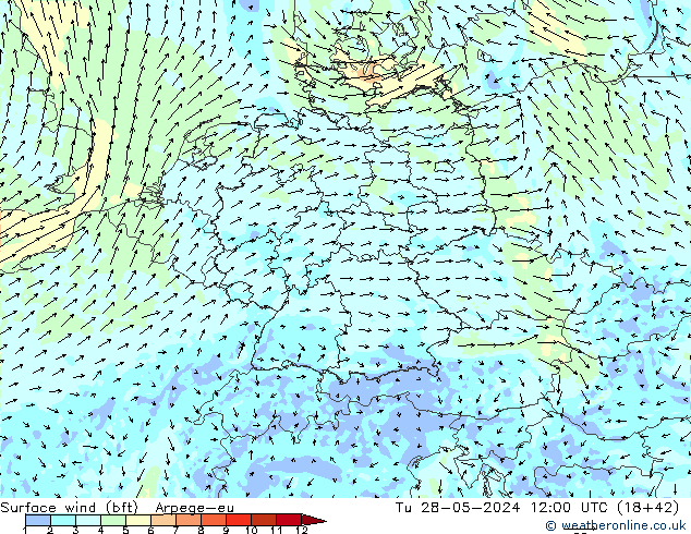 Wind 10 m (bft) Arpege-eu di 28.05.2024 12 UTC
