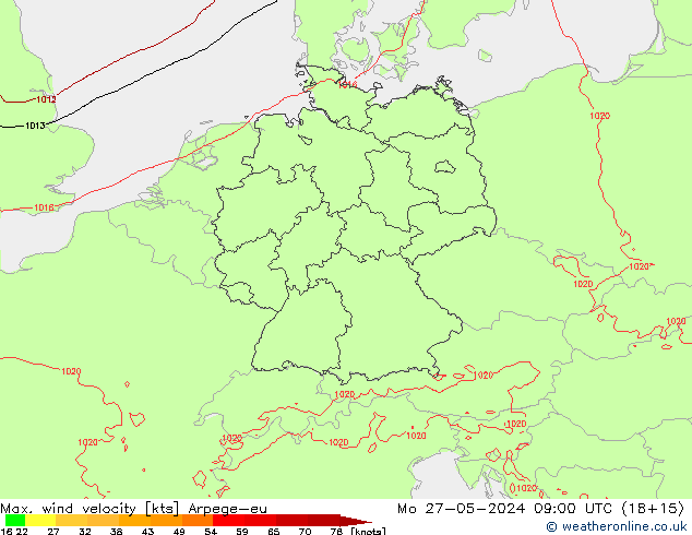 Max. wind velocity Arpege-eu pon. 27.05.2024 09 UTC