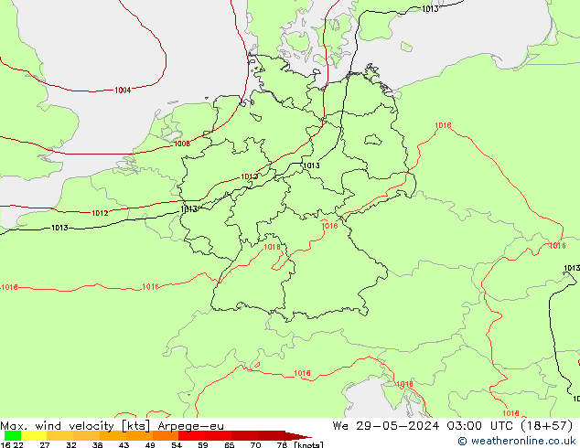 Max. wind snelheid Arpege-eu wo 29.05.2024 03 UTC