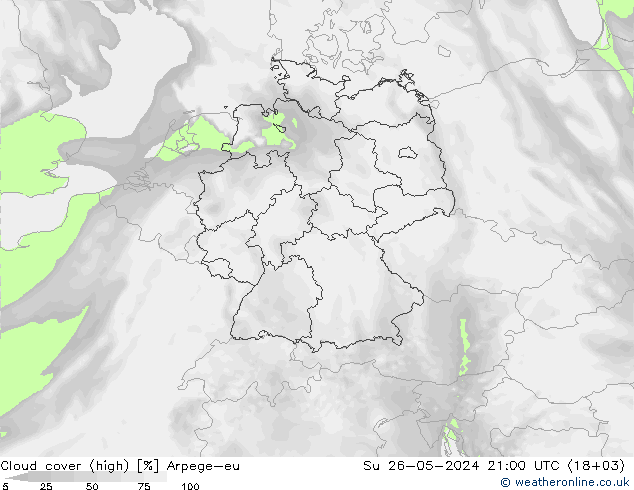 Cloud cover (high) Arpege-eu Su 26.05.2024 21 UTC