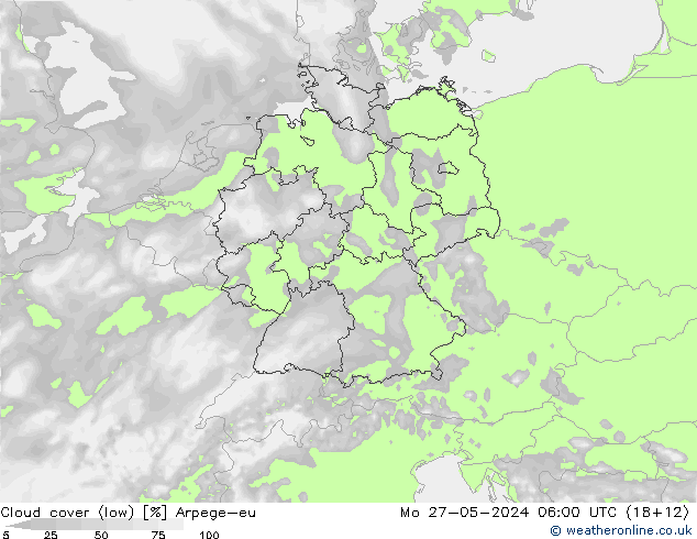 Cloud cover (low) Arpege-eu Mo 27.05.2024 06 UTC