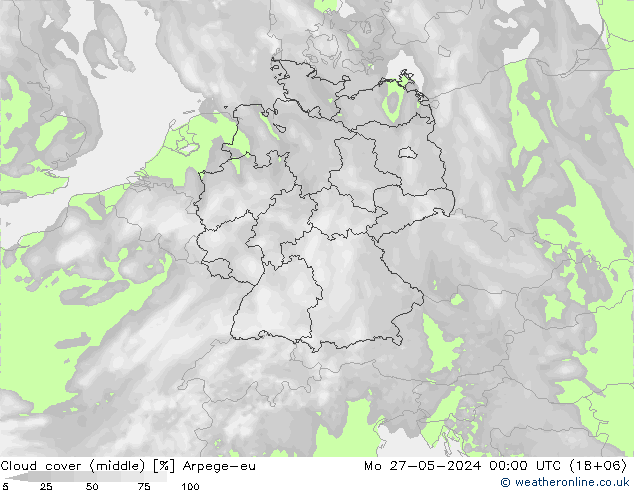 Cloud cover (middle) Arpege-eu Mo 27.05.2024 00 UTC